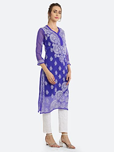 Image of FAWOMENT Women's Designer Straight Georgette Hand Embroidered Lucknowi Chikankari Kurta Designed in Side Jhaar Pattern Alongwith Slip
