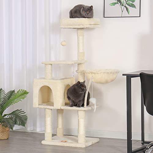 Image of Heybly Cat Tree with Toy, 43.3 inch Cat Tower for Indoor Cats HCT004M | Cat Condo with Durable Sisal Scratching Posts, Cat House with Padded Plush Perch, Cozy Hammock, Beige