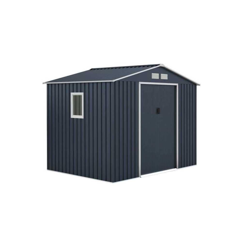 Generic Metal Garden Shed, grey, with a single door and a small window on the side.