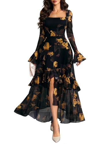 GothDark Women's Floral Mesh Dress Elegant Long Sleeve Square Neck