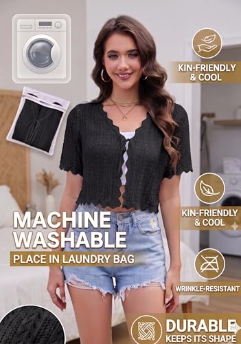 Image of Womens Lightweight Short Sleeve Cardigan Trendy Knit Hollowed-Out Y2k Cropped Tie-Front Shrugs for Dresses Pants Shorts