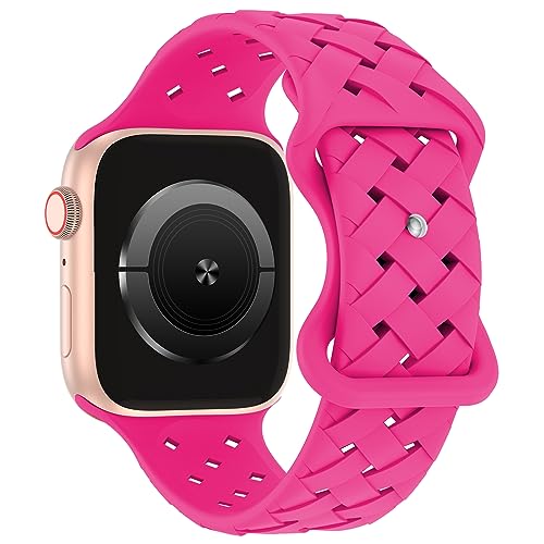 Image of Silicone Braided Weave Bands Compatible with Apple Watch 38mm 40mm 41mm 42mm 44mm 46mm 45mm 49mm, Replacement Sport Breathable Strap for iWatch Series 11 /10 /9 /8 /7 /6 /5 /4 /3 /2 /1 Ultra SE Women Men, Hot Pink