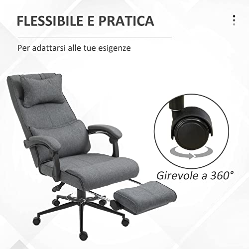 Sedia da Ufficio Ergonomica e Imbottita ad Altezza Regolabile, Sedia da Studio con Braccioli, Poggiatesta, Poggiapiedi e 5 Ruote, 66x69x115-123cm, Grigia - Sedia gaming - Immagine 6