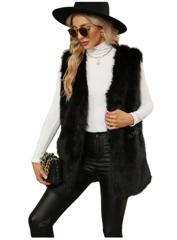 PATAKADEVI Faux Fur Coat Jacket Vest | For Stylish Appearance | Black Shaggy Smooth Texture | Sleeveless Long Length | Soft Volume Feel | Lightweight Layering Piece | Fashion Attire Outer Layer