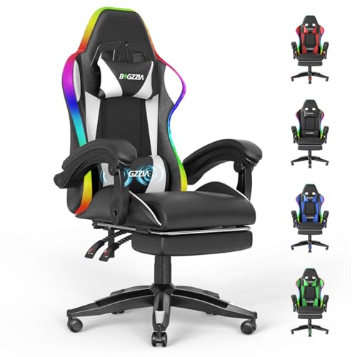 bigzzia Silla Gaming, Silla Ergonómica con LED para Videojuegos, Silla Gaming con Almohada Lumbar de Masaje y Reposacabezas, Altura Ajustable para Gaming, Estudio y Oficina (Blanco)