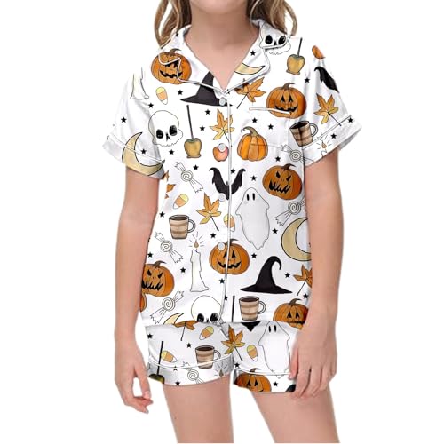 Girls Halloween Button Down 𝙎𝙡𝙚𝙚𝙥wear Short Sleeve With Shorts 2PCS 𝙋𝙖𝙟𝙖ma Sets Casual Lapel 𝙇𝙤𝙪𝙣𝙜𝙚wear