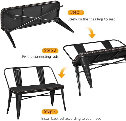 Yaheetech Farmhouse Dining Bench Industrial Metal Bench with Upholstered Seat with and Removable Backrest for Entryway, Garden, Backyard, Black