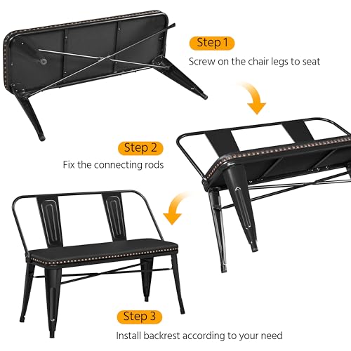 Yaheetech Farmhouse Dining Bench Industrial Metal Bench with Upholstered Seat with and Removable Backrest for Entryway, Garden, Backyard, Black