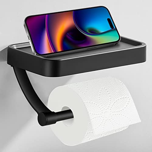 Toilet Paper Holder with Phone Shelf, Durmmur SUS304 Stainless Steel Toilet Paper Holder Wall Mount, Adhesive & Screw Toilet Paper Roll Holder, Bathroom Toilet Tissue Roll Holder with Shelf (1 Pack)