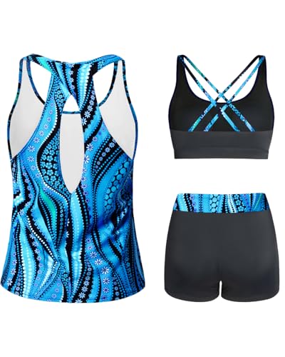 Image of 3 Piece Tankini Long Sleeve Swimsuits Athletic Rash Guard Bathing Suits | Modest,Full Coverage,High Waisted Short,Quick Dry,Criss Cross Back
