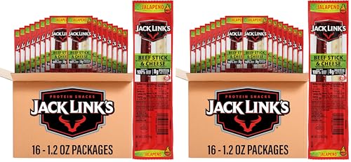 Jack Link's Jalapeno Beef Jerky Sticks and Cheese Sticks Combo-1.2 oz Snack Packs-Ready to Eat Protein Snacks-8g Protein per Serving-Made with 100% Real Beef&Real Wisconsin Cheese,(Pack of 32)