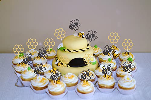 48 Pcs Bumble Bee Cupcake Toppers - Black Glitter Bee Gold Glitter Honeycomb Baby Gender Reveal Cupcake Topper, Bee Themed Party/Baby Shower/Baby Birthday Party Cupcake Decorations Supplies (Gold Bee Honeycomb) #TOP5
