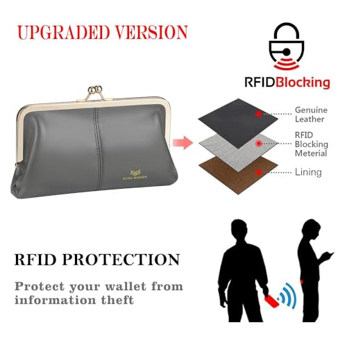 Image of Royal Bagger RFID Kiss Lock Wallet, Solid Color Multi-card Slots Card Holder, Genuine Cow Leather Clutch Purses for Women 1468 (Wine Red (2468))