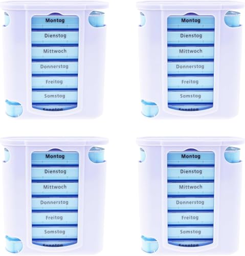 KAMACA 4 er Pack (4 Stück) praktischer Medikamentendosierer 28 Tage mit 4 Fächern pro Tag Pillendose Pillenbox Tablet Organizer Tablettenbox Wochendosierer 1 Monat (4er Set - 4 Wochen)