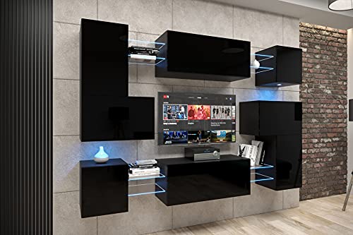 Furnitech Albana AN3N-21B-HG1-1B Meuble de salon avec LED RVB – 16 couleurs – À suspendre au mur moderne avec étagères et meuble TV (Albania...