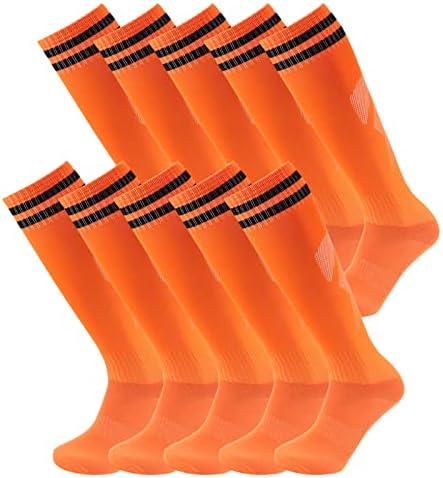 Elfcool 10 Pairs Soccer Socks Stripe Knee High Softball Baseball Team Sports Socks Breathable Football Socks for Men Women, Orange