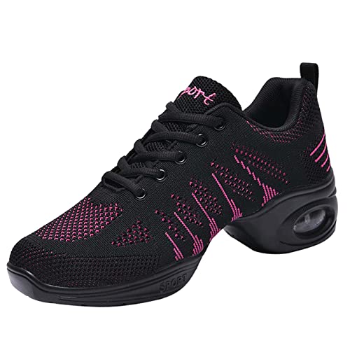 Jazz Shoes Women Lace-up Zumba Shoes Split-Sole Air Cushion Breathable Mesh Modern Sneakers Platform Dancing Shoes for Jazz Zumba Ballet Folk Black Rose 35