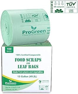 ProGreen 100% Compostable Bags 13 Gallon, 100 Count, Extra Thick 0.87 Mil, Tall