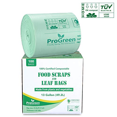 ProGreen 100% Compostable Bags 13 Gallon, 100 Count, Extra Thick 0.87 Mil, Tall
