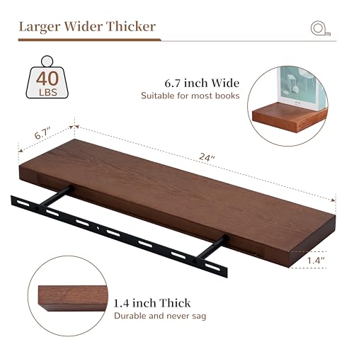 Marsmiles Wooden Floating Shelves 24 Inch, Rustic Wall Mounted Shelves Cherry Wood Color Set of 2, Solid Pine Wood Shelves for Bathroom Kitchen Living Room Bedroom - Cherry Walnut - Image 4