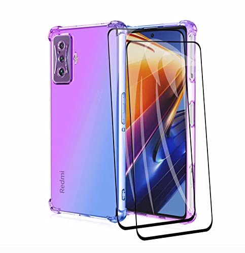 GOGME Funda para Xiaomi Poco F4 GT + 2 Cristal Templado, Carcasa TPU Cristal Ultra Slim Flexible Suave Silicona Bumper, Reforzar Esquinas Case Cover (Morado/Azul)