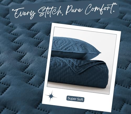 Image of VAS COLLECTIONS 280 TC Quilted Cotton King Bedspread Set, Ultrasonic Bed Cover with 2 Pillow Covers, Soft Breathable Lightweight All-Season Bedding, 90x100 in (228x254 cm) (Blue)