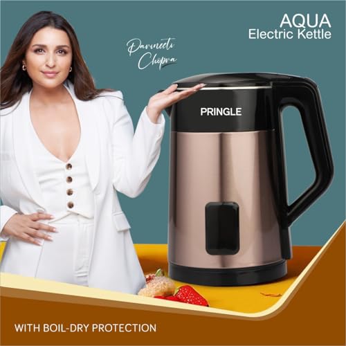 Image of Pringle Aqua Double Wall Electric Kettle 2L 1500W | Stainless Steel Inner | Boil Dry Protection & Auto Shut-Off | 360 Cordless Base | Inbuilt SS Filter | Concealed Heating Element - Copper