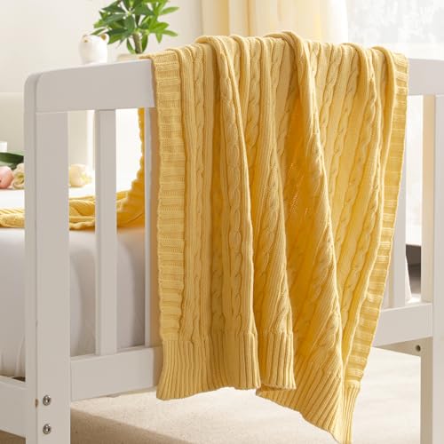 Image of NTBAY 100% Pure Cotton Cable Knit Toddler Blanket, Super Soft Warm Breathable 30x40 Baby Blanket for Crib, Stroller, Nursery, Travel, Newborn, 30x40 Inches, Yellow