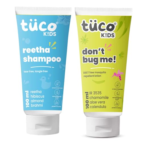 Image of TuCo Kids Combo Pack | Reetha Shampoo & Mosquito Repellent Lotion-100ml Each | Ages 2-5, 5-10, 10-15 | Paraben & Sulphate Free | Safe for Kids and Babies |