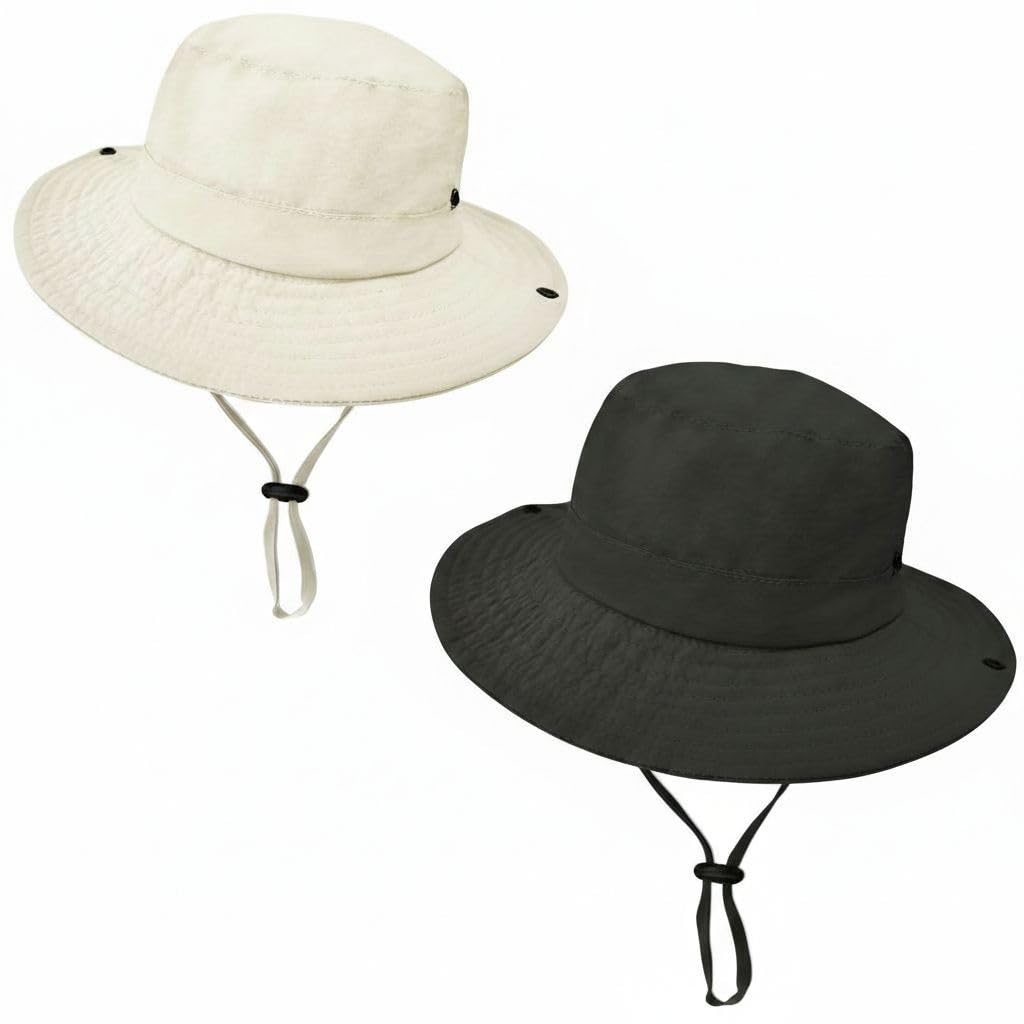 Kids Sun Hat UPF 50+ Quick Dry Bucket Hat Safari Hat for Girls and Boys | Outdoor Breathable Summer Beach Fishing Wide Brim Foldable Black+beige 2