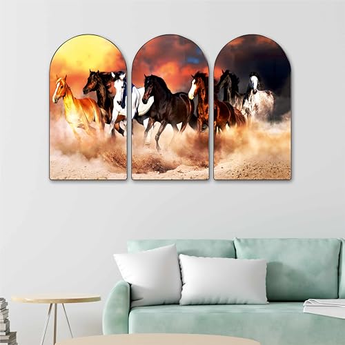 Image of Livin'luxe 7 Running Horses Arch Shape Set of 3 MDF Framed Wall Painting | Vastu Good Luck Wall Art for Living Room, Office & Entrance Decor (20 x 30 Inch) RPNS-35119