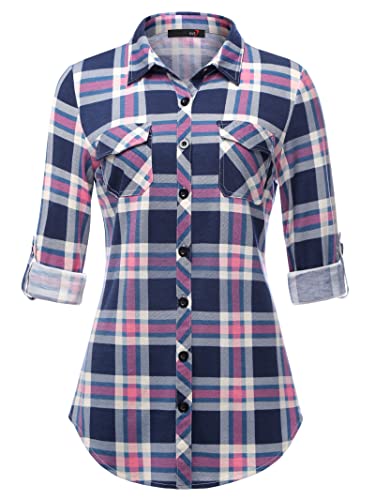 DJT Damen Weiches Gestrick Karierte Bluse Langarm Oberteile Roll Up Ärmel Hemdbluse Tunika Button Down Blusen Top Blau-Rosa L