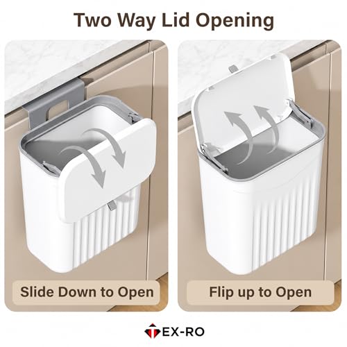 Image of TEX-RO Hanging Dustbin for Kitchen with Lid, 9L Wall Mounted Dustbin for Home with 2-Way Lid Opening, No-Drill Cabinet Door Hanging Trash Can, Plastic Waste Bin for Bathroom Bedroom Office (White)
