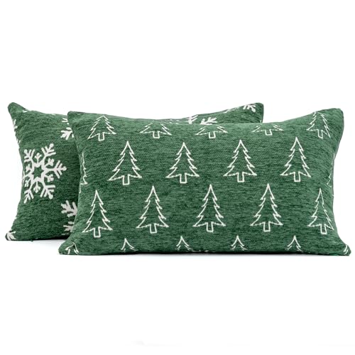 Image of 2 Pack Soft Chenille Christmas Reversible Throw Pillow Covers 12x20, Holiday Double-Sided Snowflake & Tree Cushion Cases for Sofa Couch Living Room(Green,20x12)