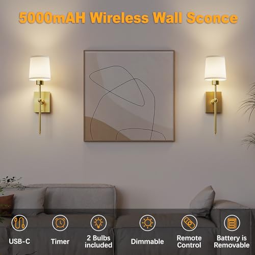 Image of Wireless Rechargeable sconces Wall Decor Set of 2, 5200mAh Battery Wall Sconce with Remote & Timer, Wall Lights Operated for Bedroom, Living Room, Hallway, Bathroom, Gold