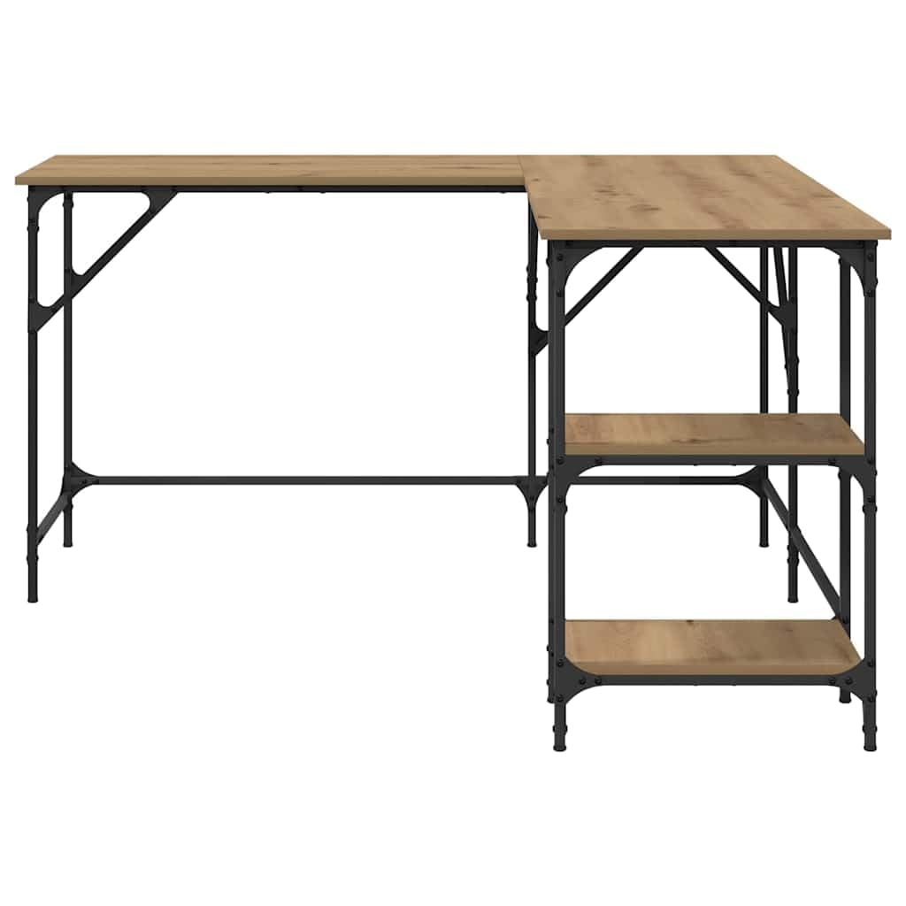 Scrivania Artisan in legno di quercia con gambe in acciaio, 139 x 139 x 75 cm, scrivania da ufficio a forma di L, per lavoro a casa e gioco, con ripiani regolabili e spazio di archiviazione