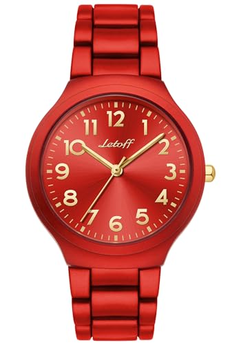 Letoff Analog Watch, Red Metal Band, Gold Numbers, Women's Fashion Wristwatch