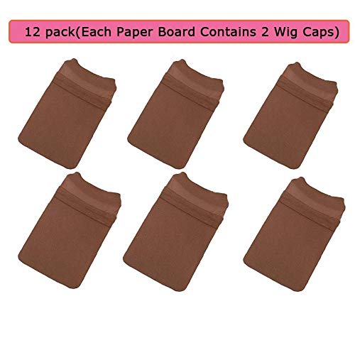 12 Pack Breathable Stocking Nylon Wig Caps for Women Men(Skin Tone Brown) Each Paper Board Contains 2 Wig Caps and 2 Portable Wig Stand Holder-Hairpieces Stable Display Tool