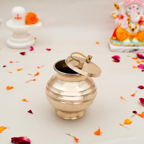 Image of Brass Pavitra Kamandal | Gangajali | Kalash | Lota | with Lid for Gangajal | Holy Water Pot for Temple & Home and All Pooja (Capacity : 400ml | Size : 11cm | Weight : 229gm Approxe)