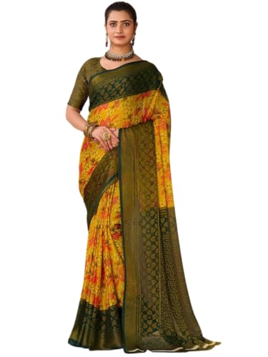 DENMOUS Sari floral de gasa de poliéster - 2867689, Mostaza, talla única