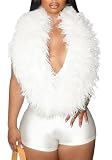 Tbahhir Deep V neck Furry Collar Jumpsuit for Women Bodycon Elegant Rompers Summer Going Out Short Parties Clubwear