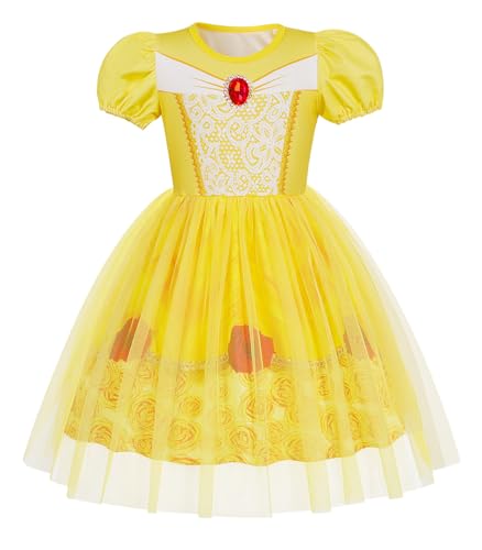 Berich Kids Dressing up Princess Costumes for Girls World Book Day Costumes for Girls Halloween Christmas Gifts Princess Dress 5-6 Years(Yellow,130)