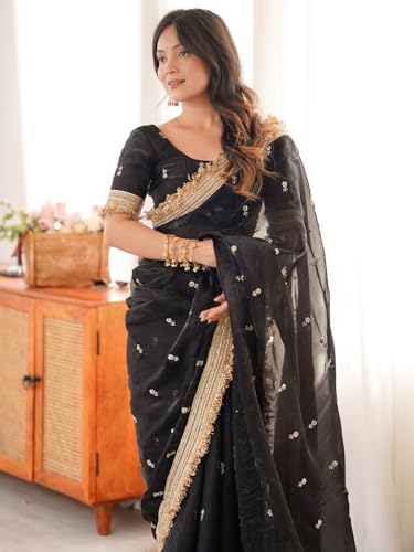 Image of AKHILAM Women's Shimmer Off White Georgette Sequence Embroidery Saree With Unstitched Blouse Piece