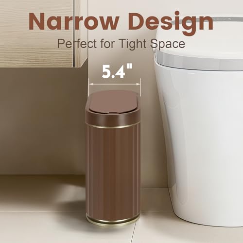 Image of ELPHECO Bathroom Motion Sensor Trash can, 2 Gallon Automatic Garbage Can, Slim Plastic Smart Trash Can with Lid, Commercial Intelligent Trash Bin for Bedroom, Bathroom, Office, Brown Gold