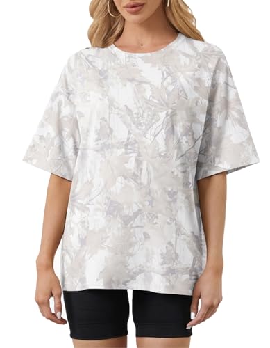 Image of MSBESYOR Camo Shirt for Women Maple Leaf Print Short Sleeve Crewneck T-Shirts Summer Oversized Tee Shirts Streetwear