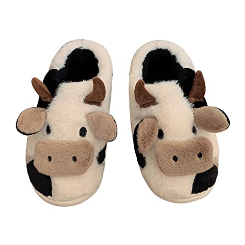 Cute Cow Slippers, Kawaii Fuzzy Milky Cow Slides, Winter Warm Milk Cow House Slippers, Indoor Cozy Cartoon Animal Slipper House Shoes for Women Men (Winter Cow,9 Women/7.5 Men)