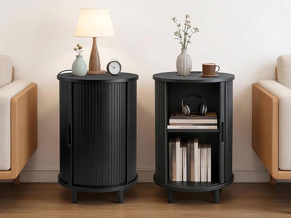 Image of DHH End Table Set of 2 with Storage & Charging Station, Fluted Accent Side Table with Sliding Door & Adjustable Shelf, Mid-Century Nightstand for Small Spaces, Living Room, Bedroom(2,Black)