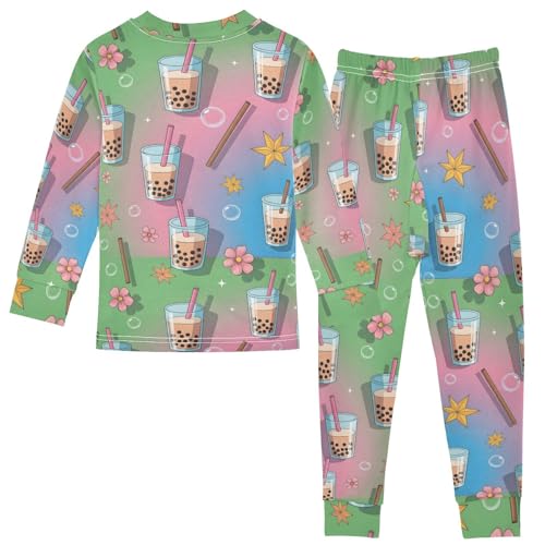 Pajama Sets Long Sleeve Bubble Tea Cups Flowers Stars Soft Comfy Sleepwear 2 Piece PJS 3-8T3