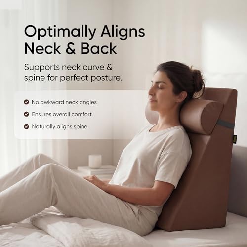 Image of Frido Wedge Plus Cushion with Neck Rest Pillow Combo | Dual Foam Wedge Cushion with Adjustable Roll | Back, Neck, Knee & Leg Support | for Post-Surgery, Pregnancy | Washable Covers, Coffee Brown