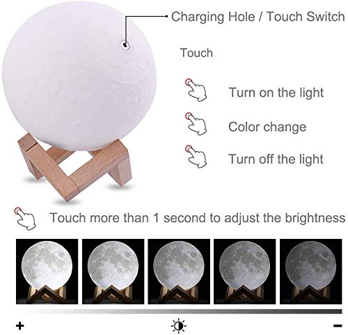 Image of Xergy 3D Printed Rechargeable Moon Lamp With Touch Control Adjust Brightness Light With Wooden Standfor Home Decoration (15 Cm Multi Color) - Led